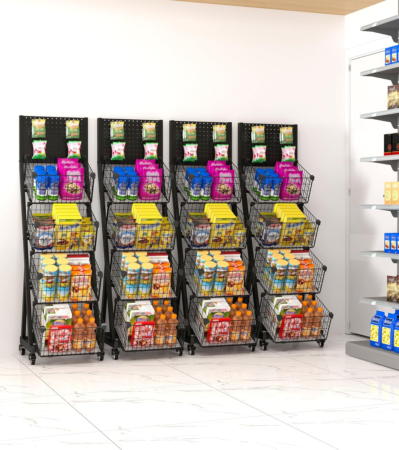 White Black Customized Store Full Metal Display Shelf Supermarket Snacks Display Stand with Wheels