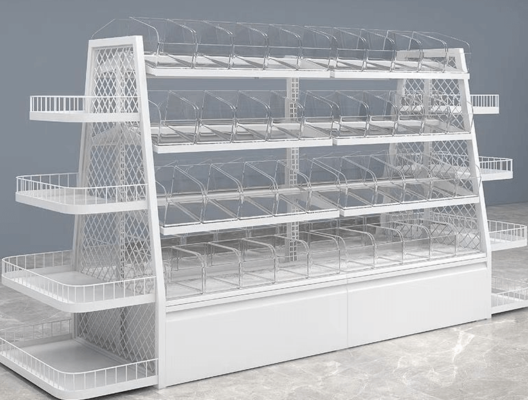 Wholesale New Design Chain Brand Snack Store Design Lay Scattered Food Display Rack Candy Shop Display Stand Shelf with Acrylic Box