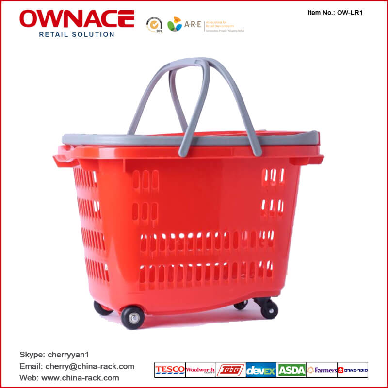 OW-BR010 Plastic Rolling Supermarket Shopping Basket with handle & wheel