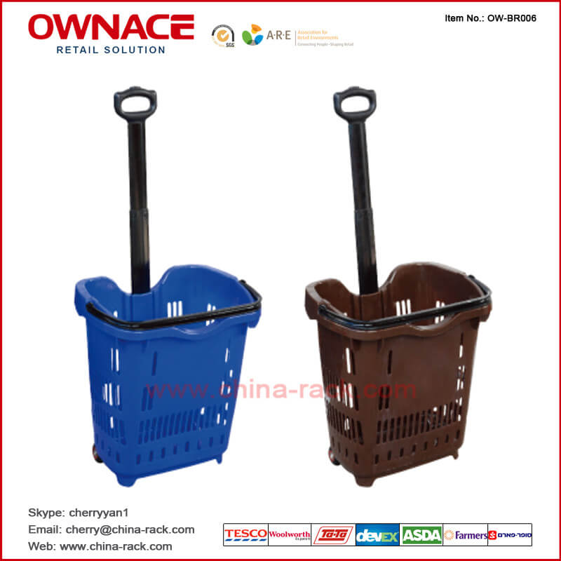 OW-BR006 Plastic Rolling Supermarket Shopping Basket with handle & wheel